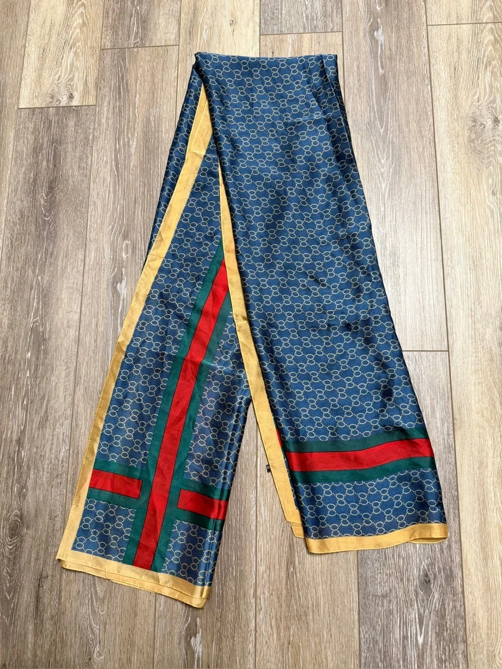 Silk Luxury Navy Patterned Large Scarf with Red & Green Stripes and Gold Trim